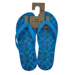 COACH Zak Flip Flops NWT Size 9-10 Blue Signature SpellOut Logo Sandals NEW
